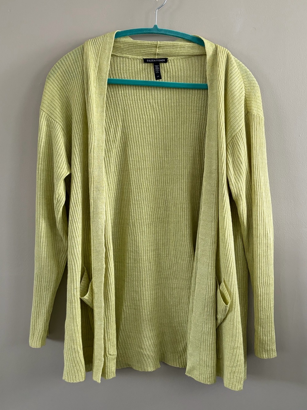 Eileen Fisher Spring Green 100% Organic Linen Open Faced Cardigan Size Small